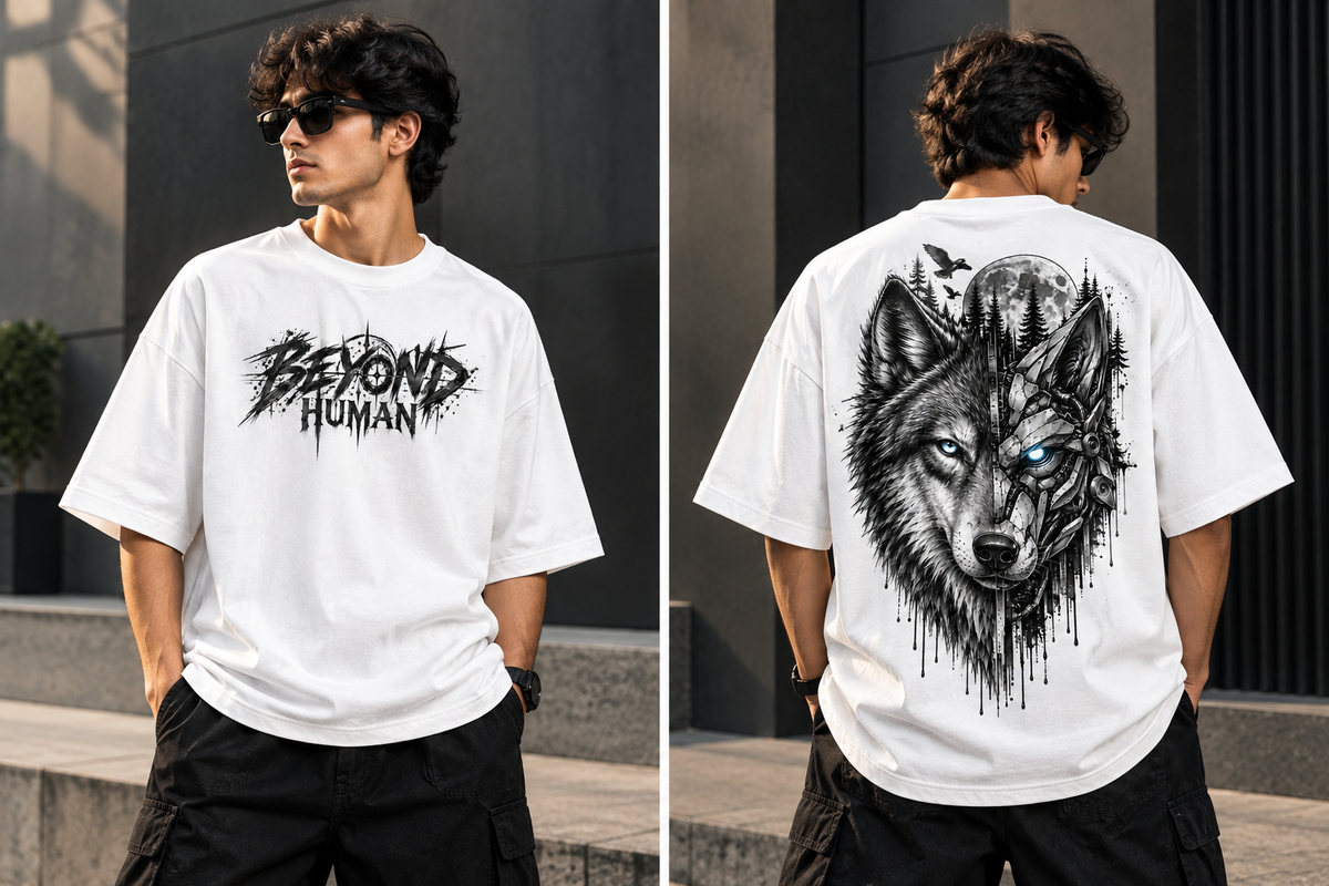 BEYOND HUMAN Oversized Printed T-Shirt – White | TREN TEES